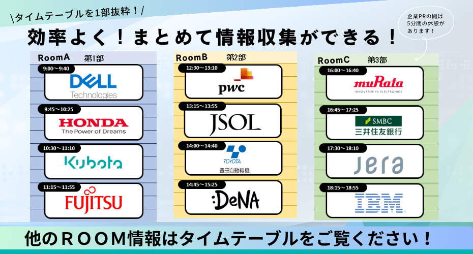 各企業間には休憩時間が5分ずつあるので、頭を整理しながら参加できます！