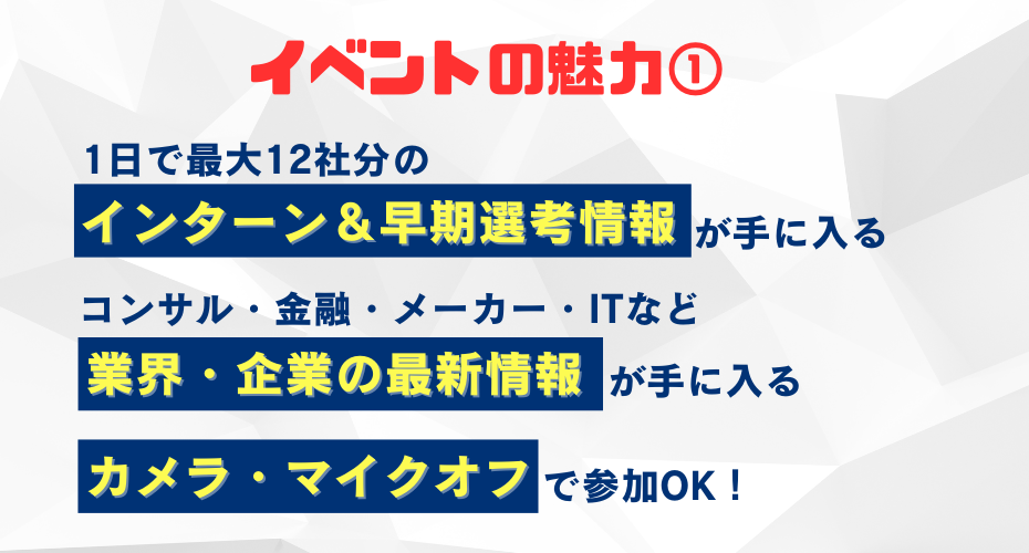 各企業間には休憩時間が5分ずつあるので、頭の中を整理しながら参加できます！